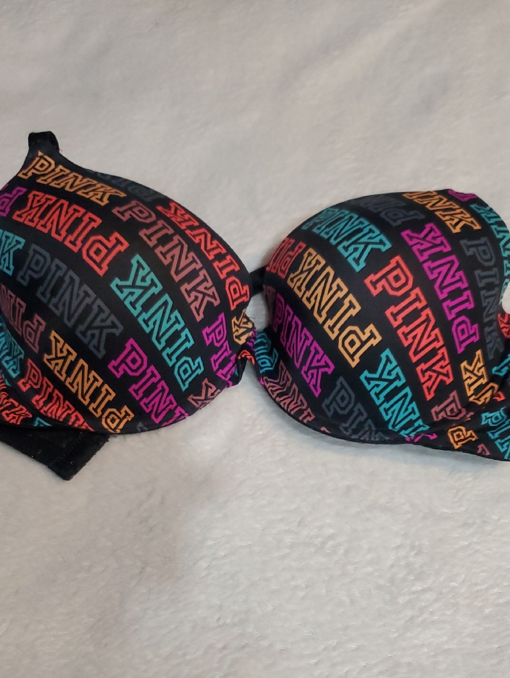 PINK Victoria's Secret Black Multicolor Logo Push-Up Bra Sz. 34DD